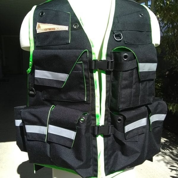 Image of The Front of A Klamath Extreme Cruiser Vest In Black With Fluorescent Green Binding & Reflective Tape